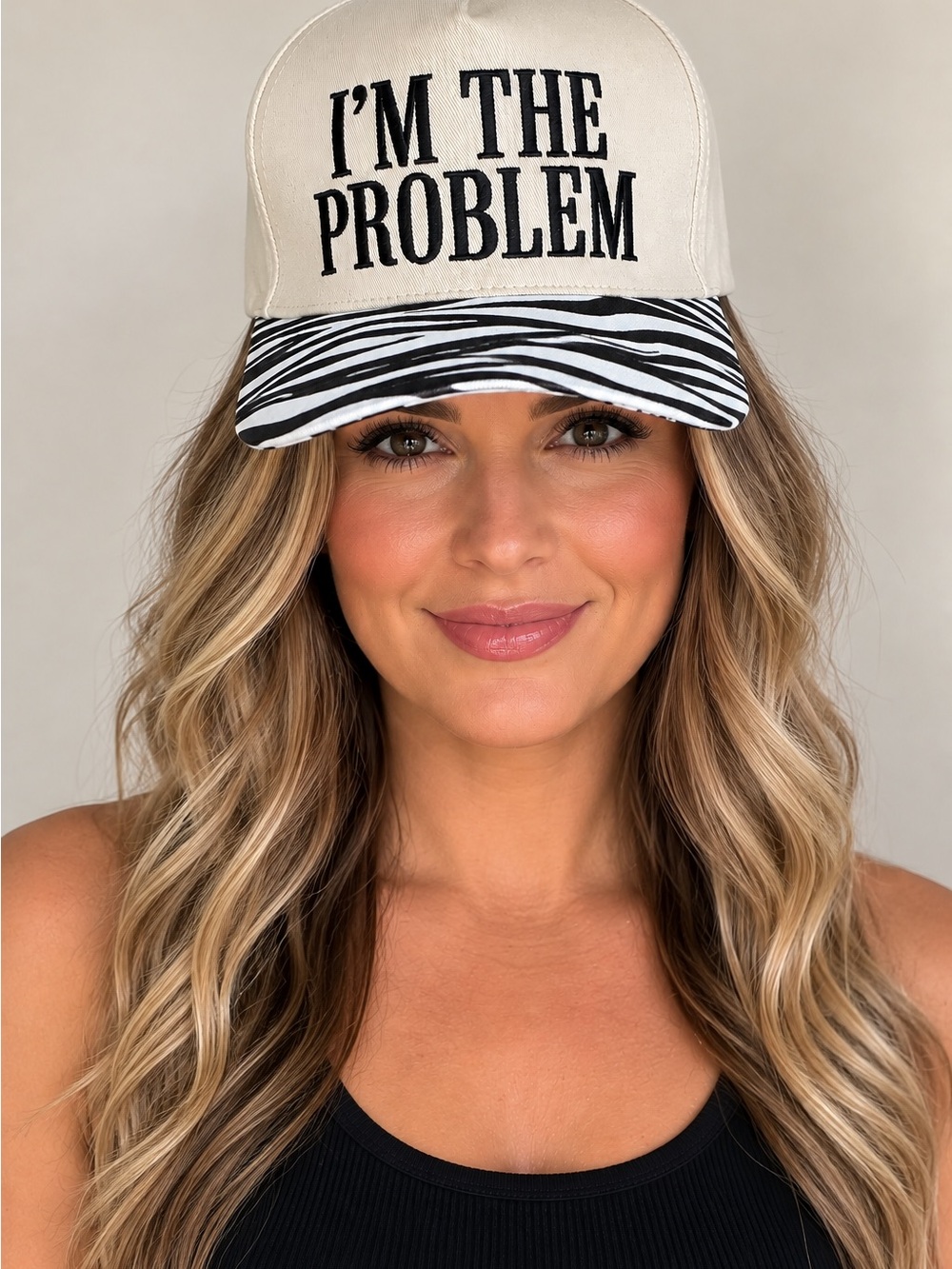 I'm The Problem Embroidered Cap - Cream & Black Zebra Visor